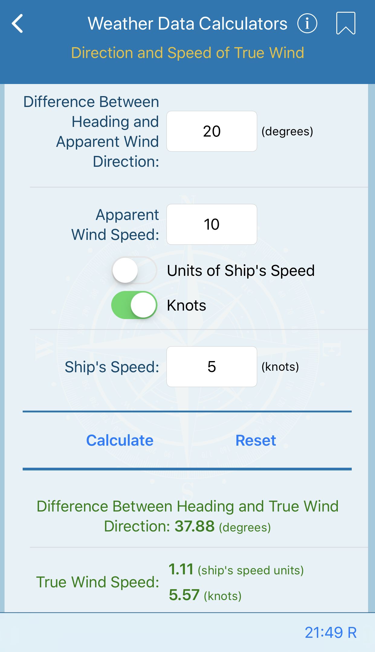 Direction and Speed of True Wind