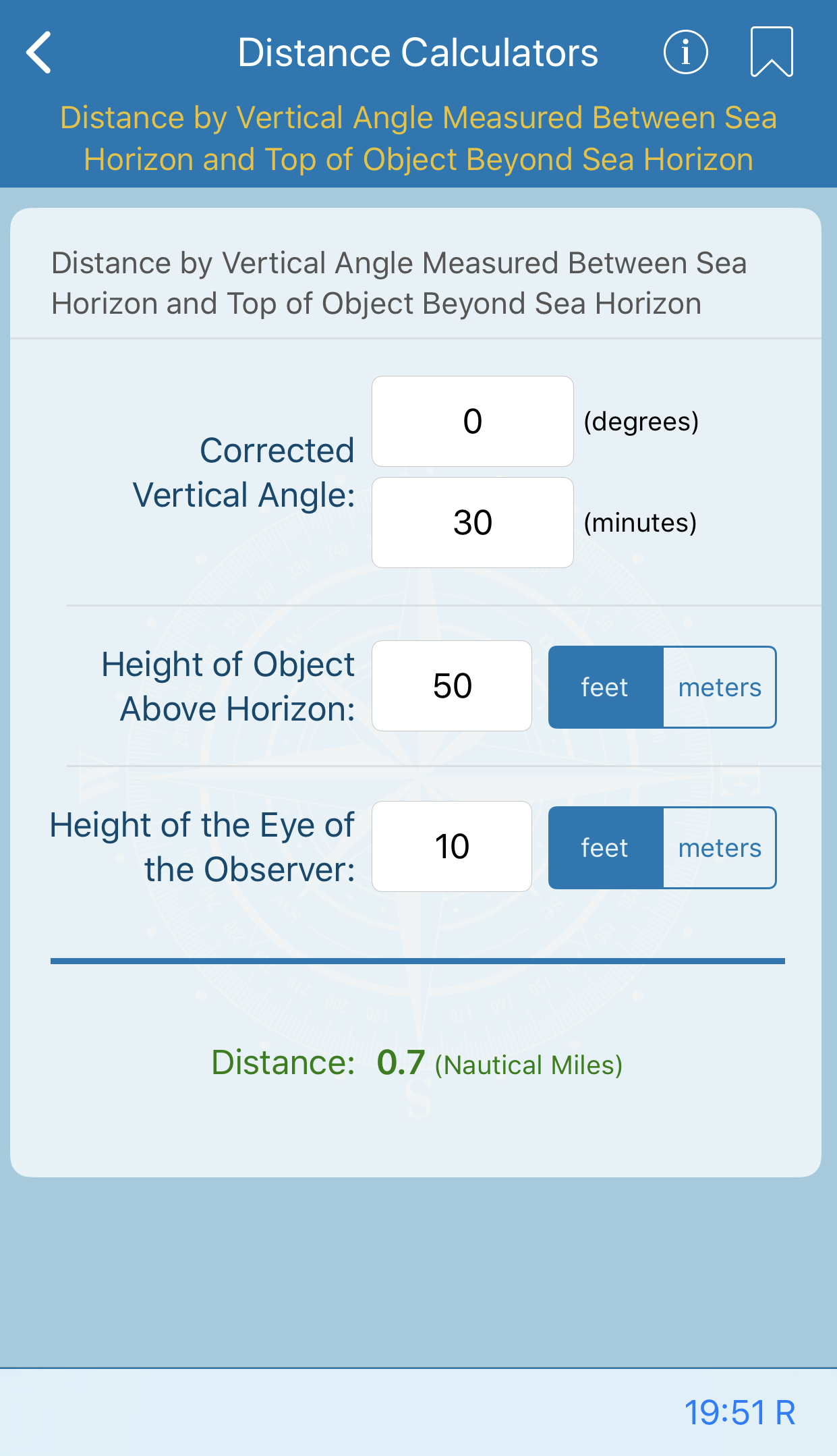 Distance by Vertical Angle Measured Between Sea Horizon and Top of Object Beyond Sea Horizon