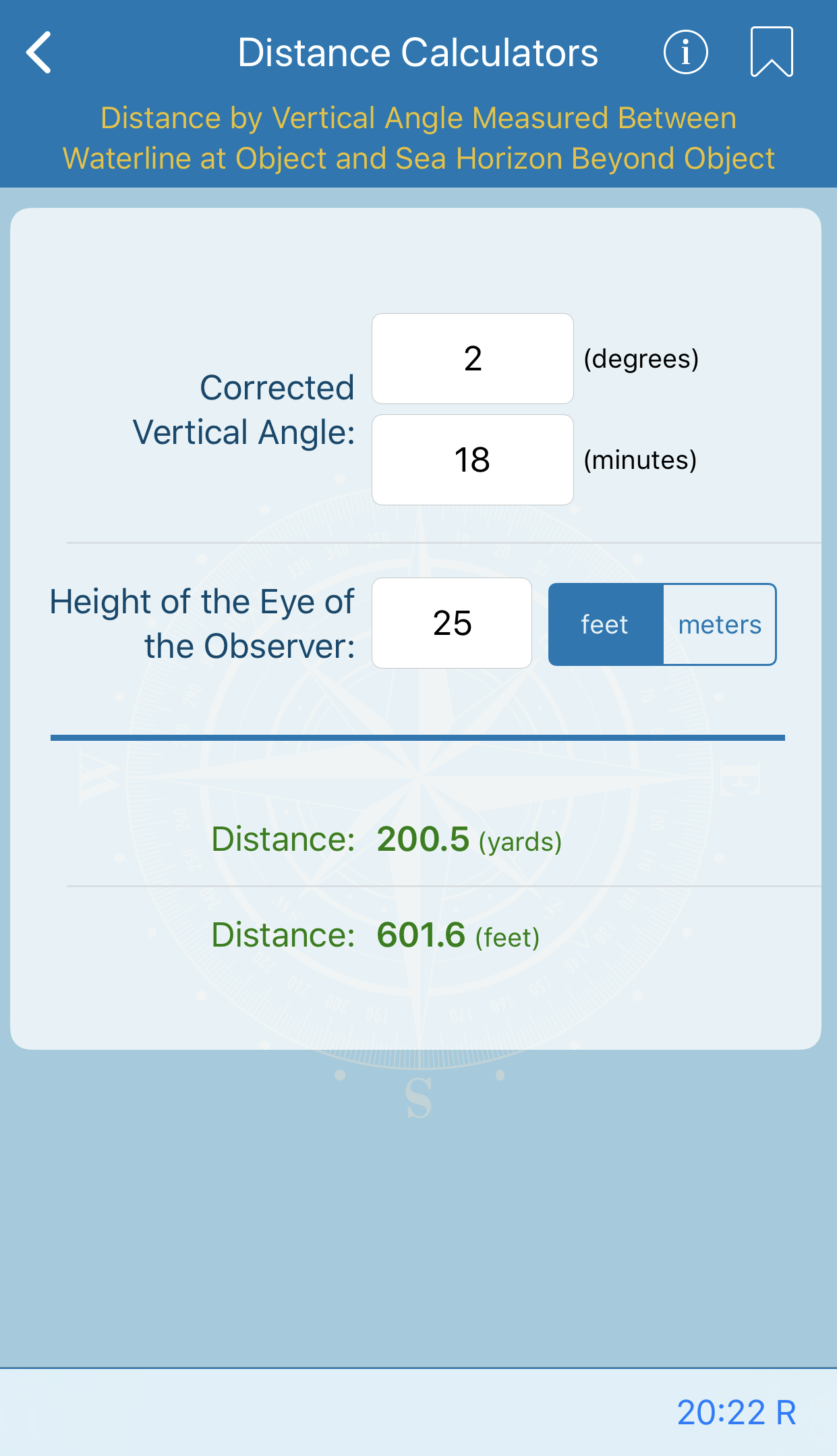 Distance by Vertical Angle Measured Between Waterline at Object and Sea Horizon Beyond Object