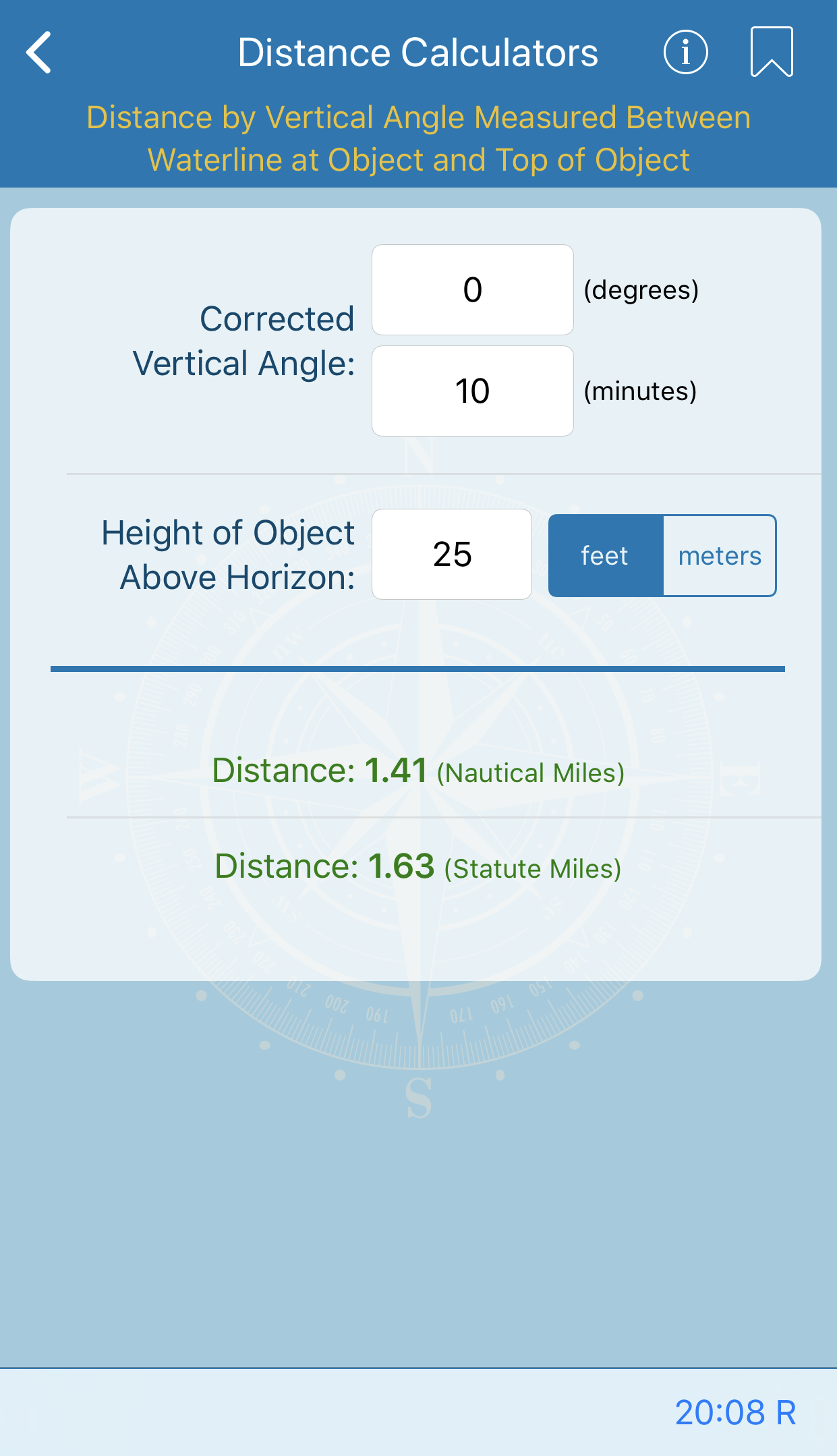 Distance by Vertical Angle Measured Between Waterline at Object and Top of Object