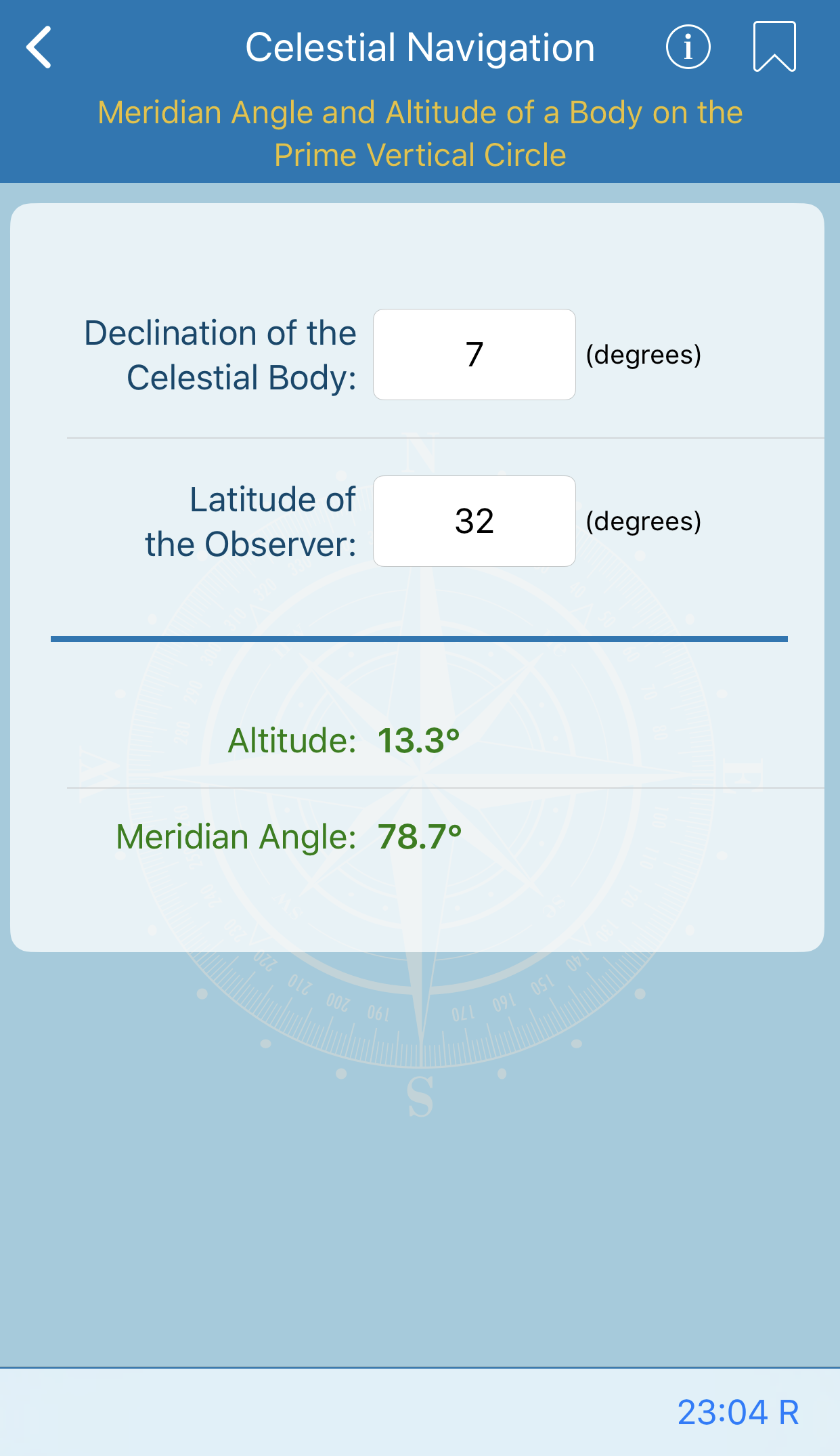 Meridian Angle and Altitude of a Body on the Prime Vertical Circle